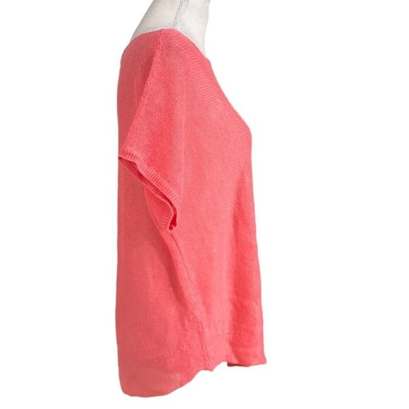EILEEN FISHER NEON CORAL 100% ORGANIC LINEN OPEN KNIT SHORT TEE TOP - XS - Picture 3 of 9